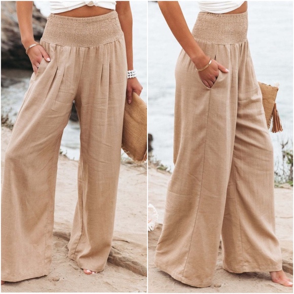 034 NWT High Waisted Smocked Wide leg Lounge Pants - Picture 1 of 2